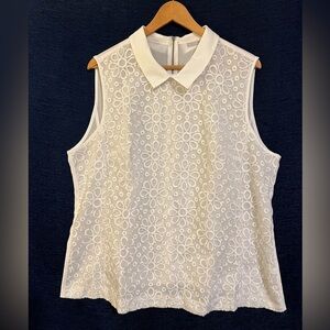 Elegant Floral White Sleeveless Collared Top